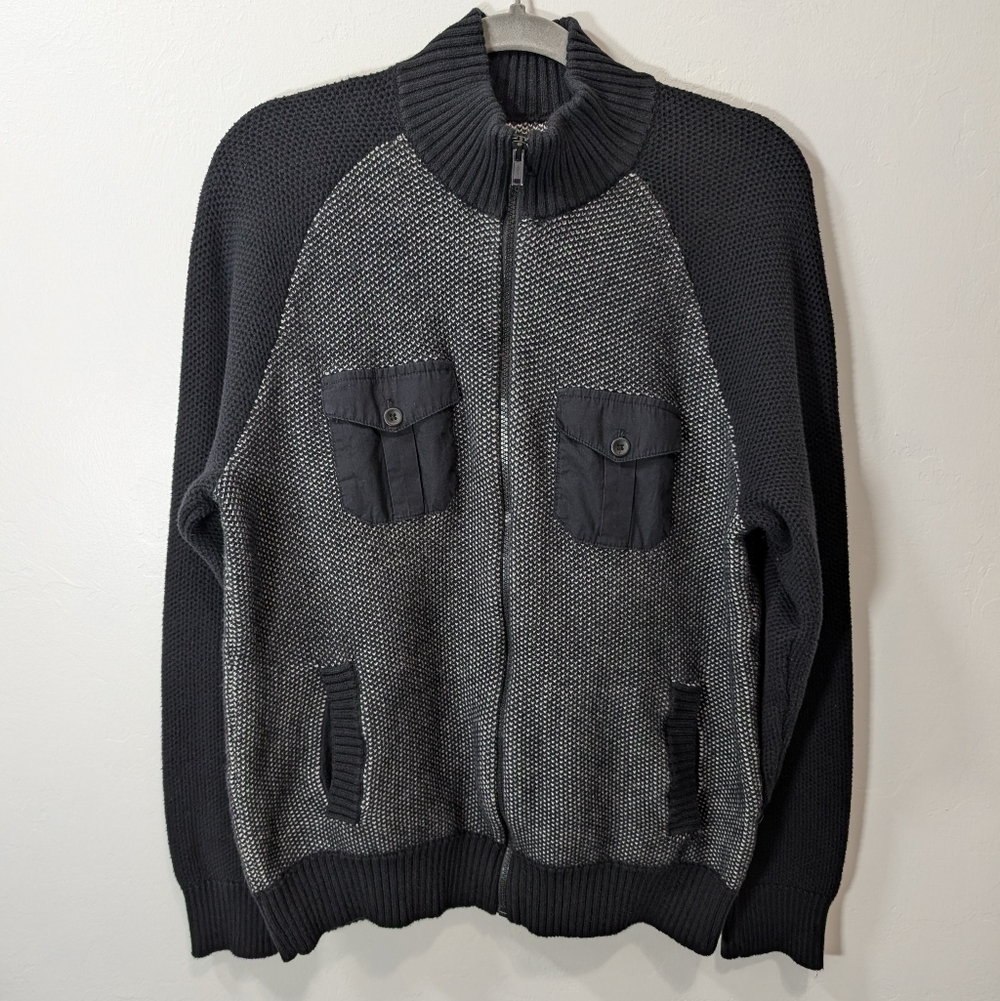 Bar III Men's Black and Gray Zip-Up Sweater Size L 100% Cotton